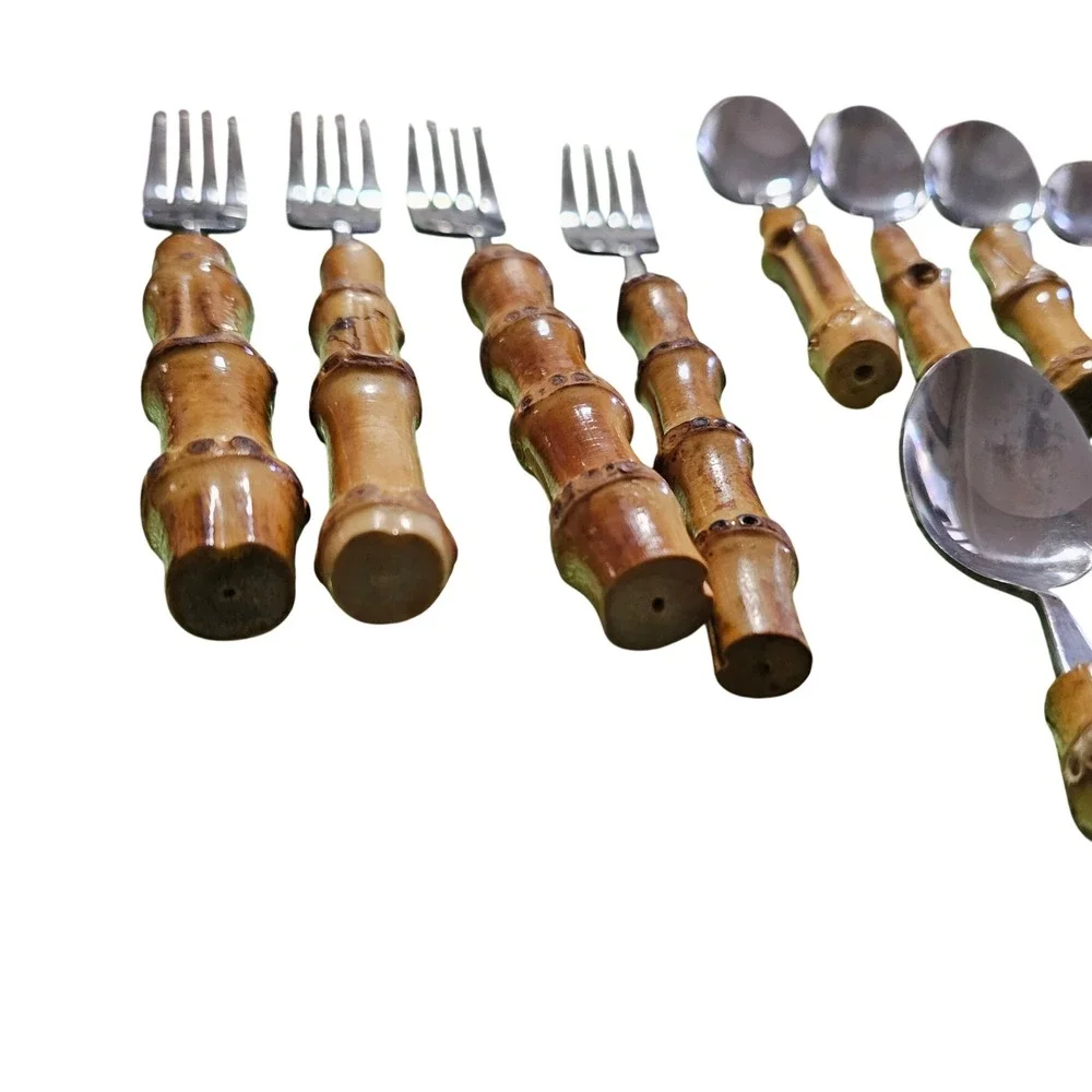 21pc Natural Bamboo Handle Flatware Set Stainless Steel Tiki Boho Silverware